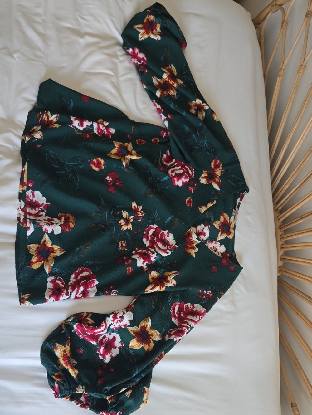 Woman's Dark Green Floral Blouse - Long Sleeve Top